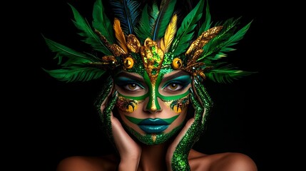 Woman with vibrant green and gold carnival makeup poses against a black background with shimmering accents.