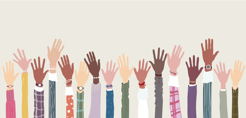 Hands of people raised up in the air, diversity and togetherness concept illustration with copy space