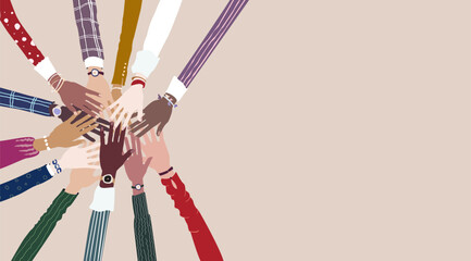 People, colleagues and business partners hand stack, diversity and togetherness concept illustration with copy space
