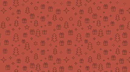 A christmas themed background with trees gifts and stars on a red background repeating pattern design