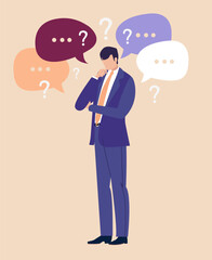 Thinking businessman, business person surrounded by question marks and speech bubbles
