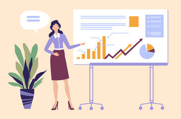 Business woman revealing company  report information, business concept illustration  