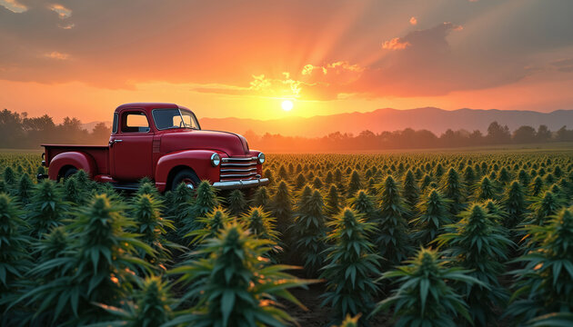 Red vintage pickup truck stands in large cannabis field at golden sunset. Sun rays illuminate sky, distant mountains. Modern agriculture cultivates hemp plants, legal medical marijuana farm for CBD
