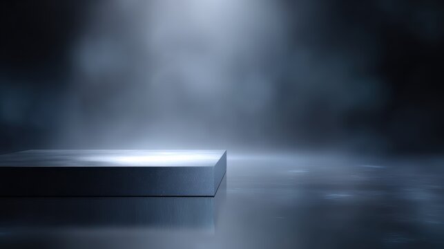dark 3D podium with glowing highlights and reflective surface, futuristic high-tech environment