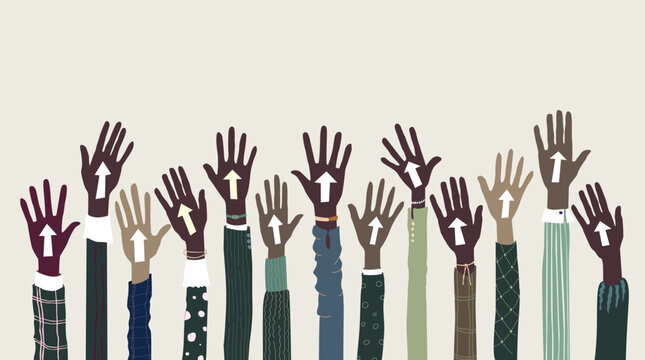 Hands of people raised up in the air, diversity and togetherness concept illustration with copy space