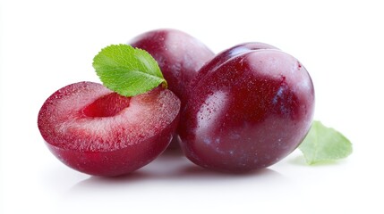Obraz premium juicy red plums, whole and cut in half with green leaf, isolated on white background, vibrant and fresh