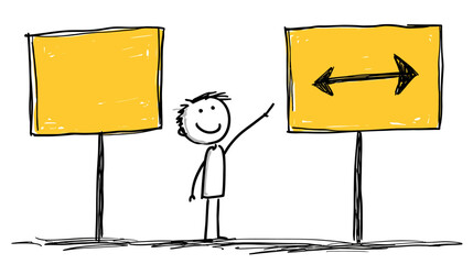 Hand-drawn stick figure at a crossroads, choosing between two blank directional signs. Decision-making, options, and future concept.