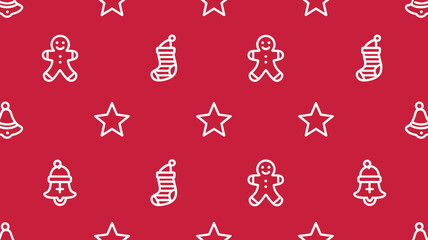 Naklejka premium Festive red background with white christmas icons including gingerbread men stars bells and stockings pattern