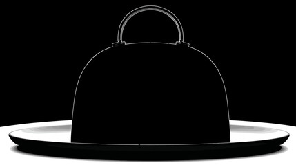 Minimalist black silhouette of a classic cloche food cover on a white serving platter, emphasizing gourmet fine dining, mystery, and presentation.