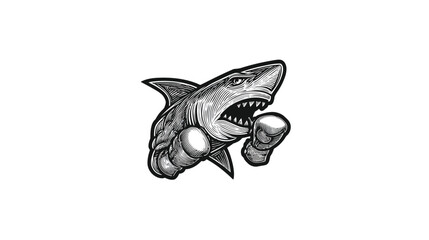 Aggressive Boxing Shark Illustration. Powerful grayscale mascot design with marine predator wearing fighting gloves, symbolizing strength and competition.