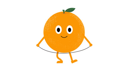 Happy cartoon orange character skipping rope, cute citrus fruit doing exercise, healthy lifestyle concept illustration on white background.