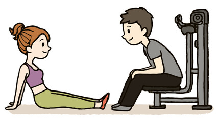 Cute cartoon illustration of a couple exercising together in a gym, promoting fitness, health, and a healthy lifestyle.