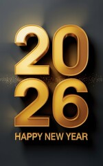 Golden 2026 Happy New Year Typography with Sparkles on Dark Background
