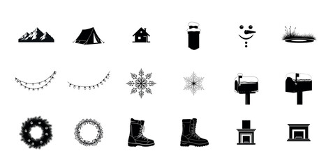 Christmas and winter holiday icons collection in black silhouette style silhouette