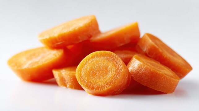 ripe carrots with cut slices, clean white background, fresh and natural look