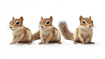 Obraz premium Three chipmunks sitting side by side on a white background looking adorable and very photogenic