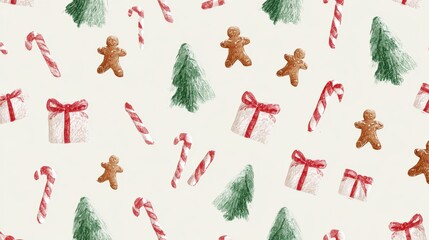 hand drawn Christmas pattern, playful Christmas trees, striped candy canes, ribbon bows, gifts, gingerbread men, cozy cartoon holiday vibe