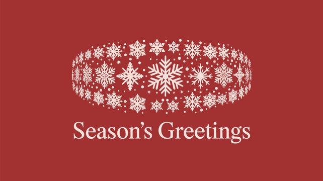 Season's greetings card with snowflakes arranged in a curved pattern on a red background design element