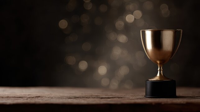 golden award trophy on rustic table, dark background, glowing and reflective abstract lights