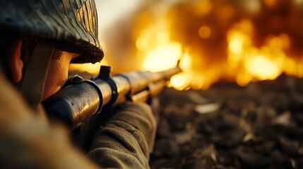 A soldier aims down the sights of a rifle in a dramatic battlefield scene. This powerful image captures tension and the urgency of war. It reflects resilience and determination. AI