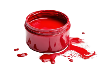 Red paint spilling from an open can isolated on transparent background. Red paint isolated on white background.
