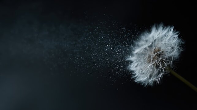 close-up of dandelion dispersing seeds, dark black backdrop, airy and elegant motion - Powered by Adobe