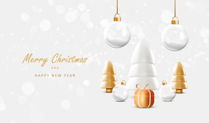 Christmas background with hanging glass balls and trees. Holiday card with silver snow and gift box. Vector xmas design.