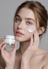 Skincare Routine: Young Woman Applying Face Cream