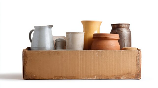 box of second-hand items, assorted household goods for yard sale or charity, isolated on white background, room for text