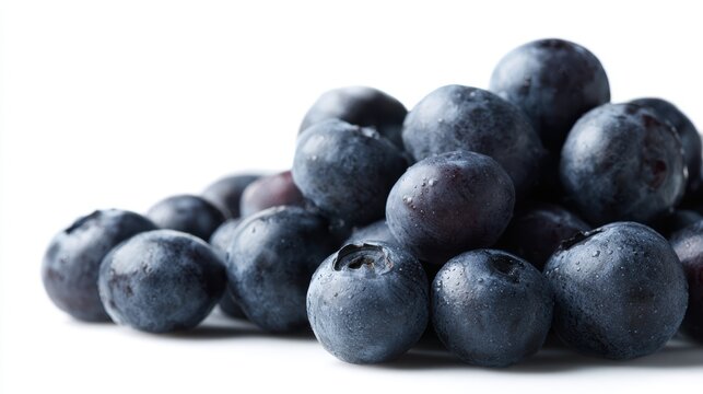 close-up heap of fresh blueberries, minimal white backdrop, high-detail texture, isolated object