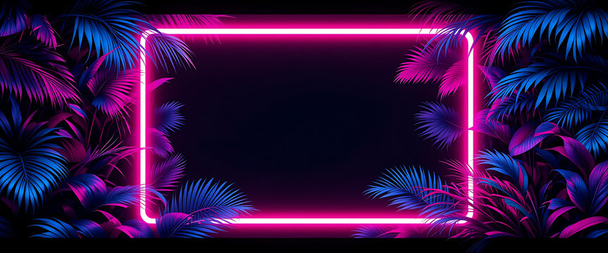 A neon pink rectangle frame surrounded by blue and pink tropical leaves against a dark background 3d wallpaper home decoration custom 3d photo wallpaper panaflex design for wall hd background - Powered by Adobe