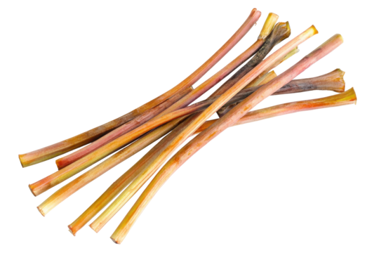 Bundle of red rhubarb stalks isolated on transparent background. Rhubarb stalks isolated on white background.