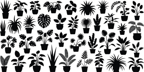 Fototapeta premium Potted plant silhouettes, indoor greenery, botanical icons, decorative foliage, houseplants collection, leaf shapes, black vector plants, minimalist design, nature