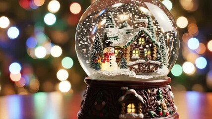 Snow globe with miniature house and snowman on festive background   - Powered by Adobe