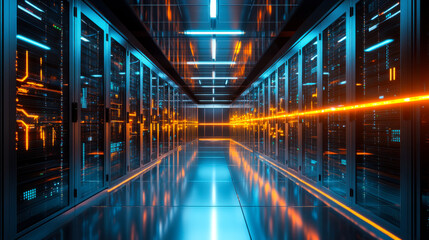 Dramatic view of a high-tech server room illuminated by blue and orange lights during nighttime