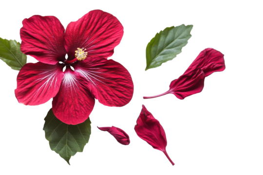 Vibrant red hibiscus flower with green leaf isolated on transparent background. Roselle hibiscus with leaf isolated on white background.