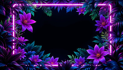 Neon frame with purple flowers and tropical leaves against a black background in a dark aesthetic 3d wallpaper home decoration custom 3d photo wallpaper panaflex design for wall hd background