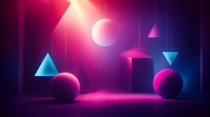 Colorful neon geometric shapes illuminated in a dark setting create a vibrant atmosphere during an artistic display