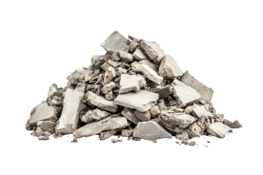 Pile of construction debris and rubble isolated on transparent background. Rubble pile consisting of broken concrete and stone debris isolated on a white background.