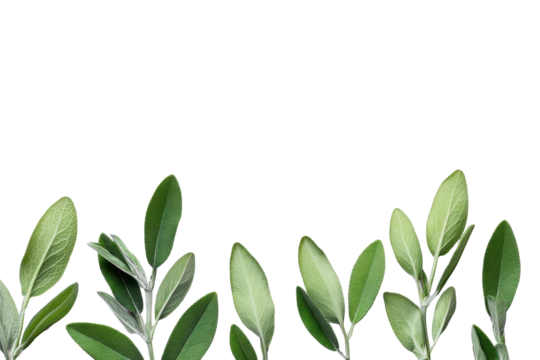 Green sage leaves arranged in a row isolated on transparent background. Sage leaves isolated on white background.