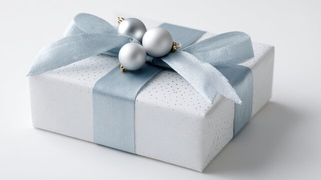holiday present with ribbons and ornaments, white background, high-detail isolated product image