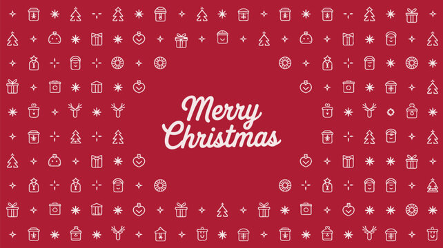 Merry christmas text on red background with christmas themed icons and shapes in white color pattern