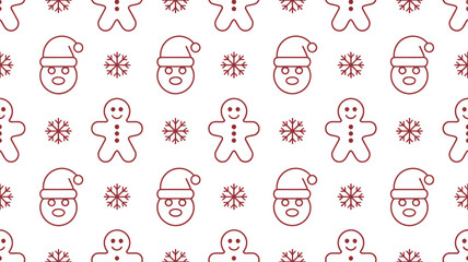 A christmas themed pattern with gingerbread men santa faces and snowflakes on a white background