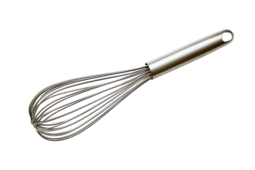 Shiny metal whisk kitchen utensil isolated on transparent background. Steel whisk designed for mixing and whisking ingredients isolated on white background.