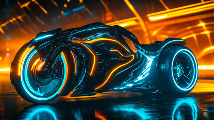 Futuristic vehicle design with neon lighting and sleek curves displayed on a vibrant background