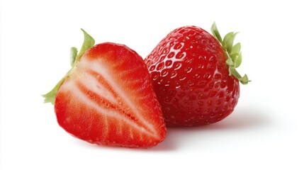 fresh strawberries with one cut in half, detailed texture, bright red color, isolated on white, clipping path