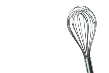 Shiny metal whisk kitchen utensil isolated on transparent background. Steel whisk designed for mixing and whisking ingredients isolated on white background.
