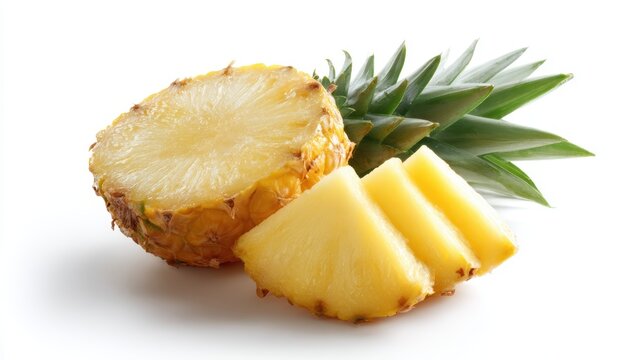 fresh pineapple, whole and cut in half with slices, isolated on white background, vibrant and juicy
