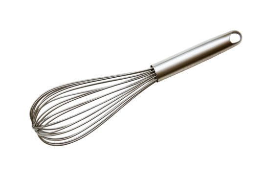 Shiny metal whisk kitchen utensil isolated on transparent background. Steel whisk designed for mixing and whisking ingredients isolated on white background.