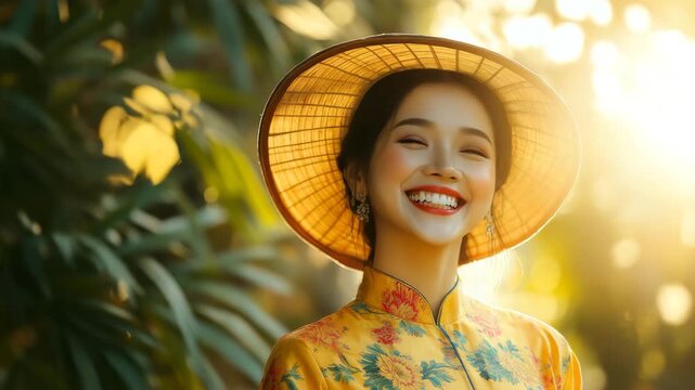 Smiling Asian woman in ao dai